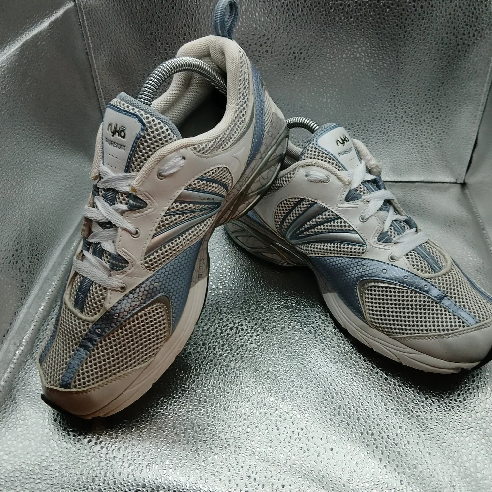 Ryka White & Metalic Lt Blue Pursuit Sneakers Women's Size 9